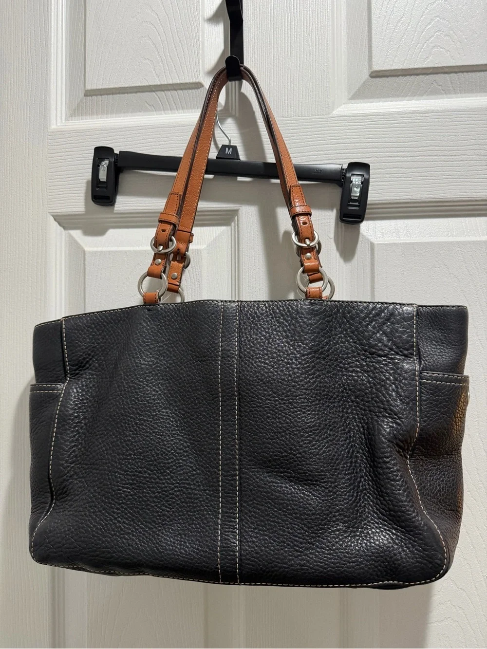 Classic Black Leather Tote with Tan Handles